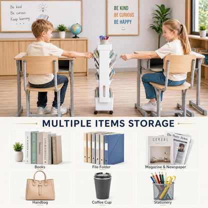 BYFU 6-Tier Movable Bookshelf Cart, Rolling File Storage Paper Organizer Mobile Bookcase with Wheels for Home Office Study Classroom, Black