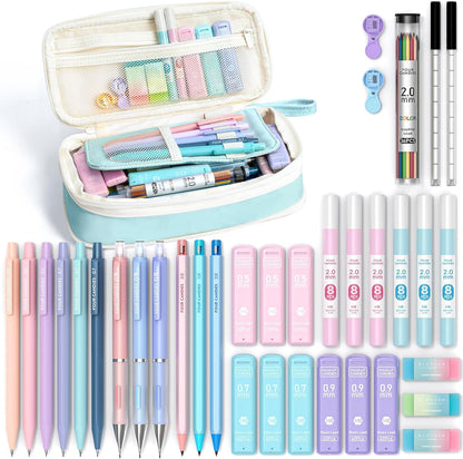 Four Candies 42PCS Aesthetic School Supplies, Mechanical Pencil Set 0.5mm, 0.7mm, 0.9mm, 2.0mm with 696 Lead Refills, Pastel Mechanical Pencils for Writing, Drawing & Drafting (Cream)