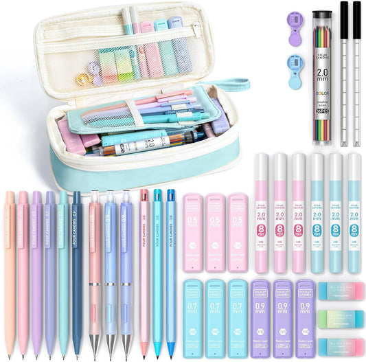 Four Candies 42PCS Aesthetic School Supplies, Mechanical Pencil Set 0.5mm, 0.7mm, 0.9mm, 2.0mm with 696 Lead Refills, Pastel Mechanical Pencils for Writing, Drawing & Drafting (Cream)