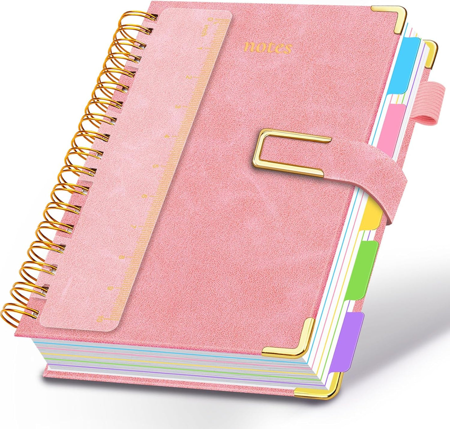 Hardcover Spiral Notebook College Ruled, 8"x10" Leather Journal Notebook with Magnetic Closure, 300 Pages 5 Subject Notebook with Dividers Tabs Journal for Women Men, Work, School(Rose Red)