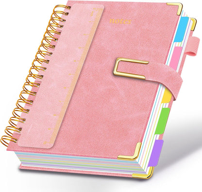 Hardcover Spiral Notebook College Ruled, 8"x10" Leather Journal Notebook with Magnetic Closure, 300 Pages 5 Subject Notebook with Dividers Tabs Journal for Women Men, Work, School(Rose Red)