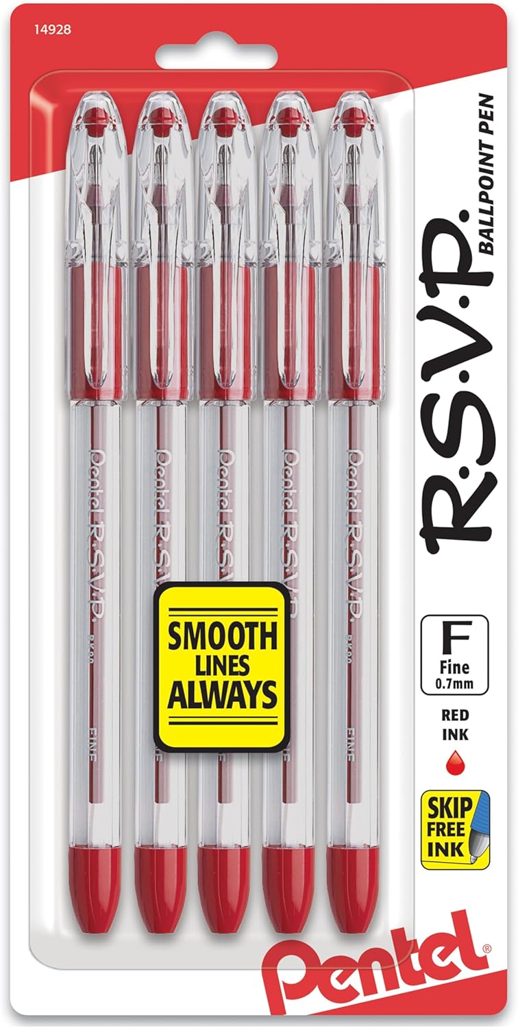 Pentel RSVP Ballpoint Pen, (0.7mm), Fine Line, Black Ink, Pack of 5 (BK90PF5A)