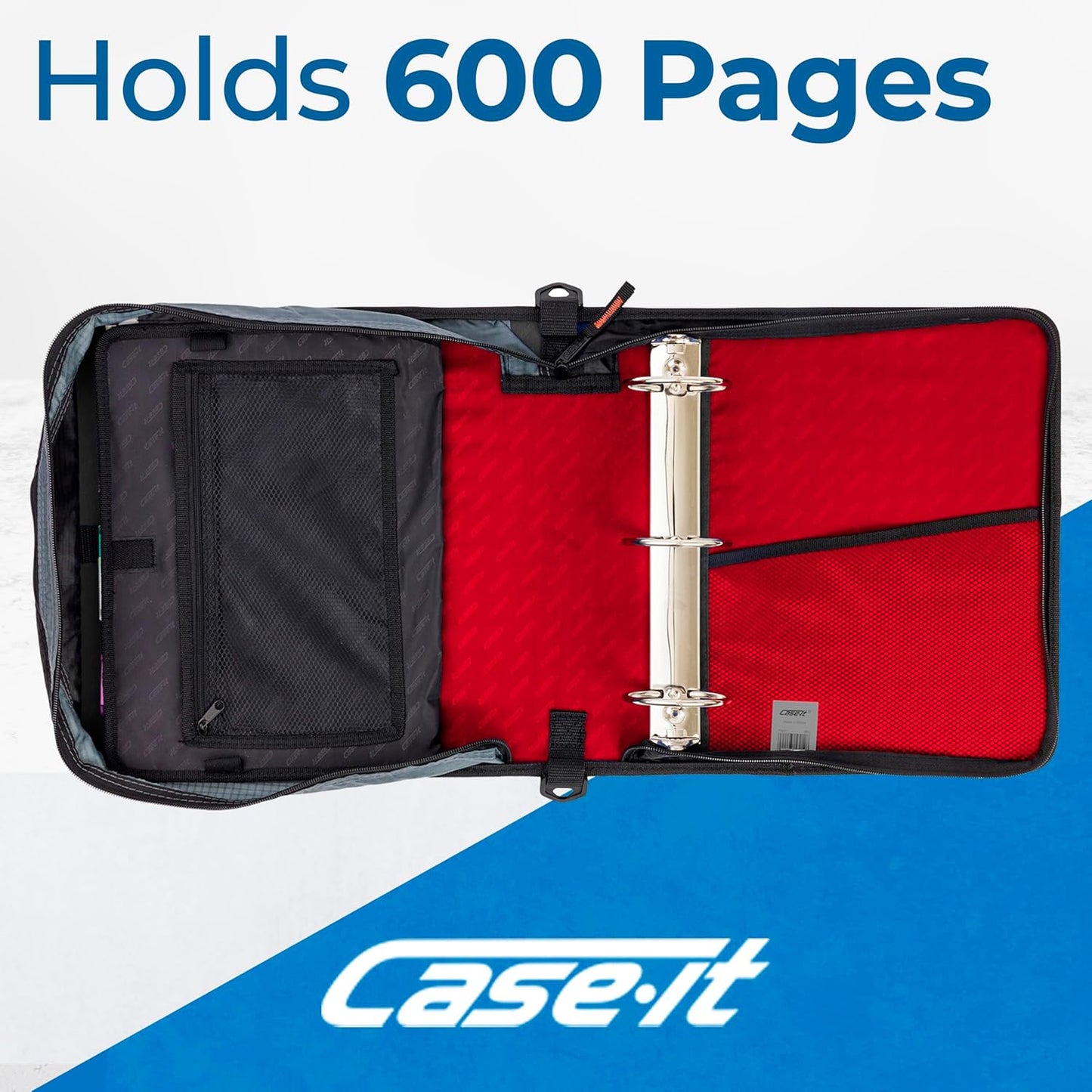Case-it Mighty Zip Tab School Zipper Binder | 3-Inch O-Rings, 600-Sheet Capacity, 5-Subject Expanding File Folder, Multiple Pockets & Storage Organizer, Shoulder Strap | D-146 Jet Black