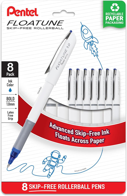 Pentel Floatune Rollerball Pen, (1.0mm), Bold Point, Blue Ink, Pack of 8 (BY110PF8C)