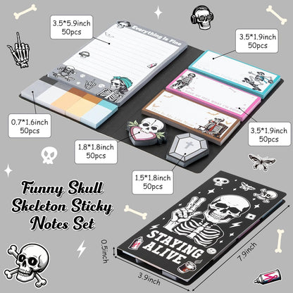 B1ykin Cute Sticky Notes Set - Stay Alive Skeleton Shaped Self-Stick Notes Pad, 550 Sheets Writing Memo Pages Sticky Notepad for Teacher Appreciation Gifts, School Office Supplies (Funny Skeleton) - Colors B