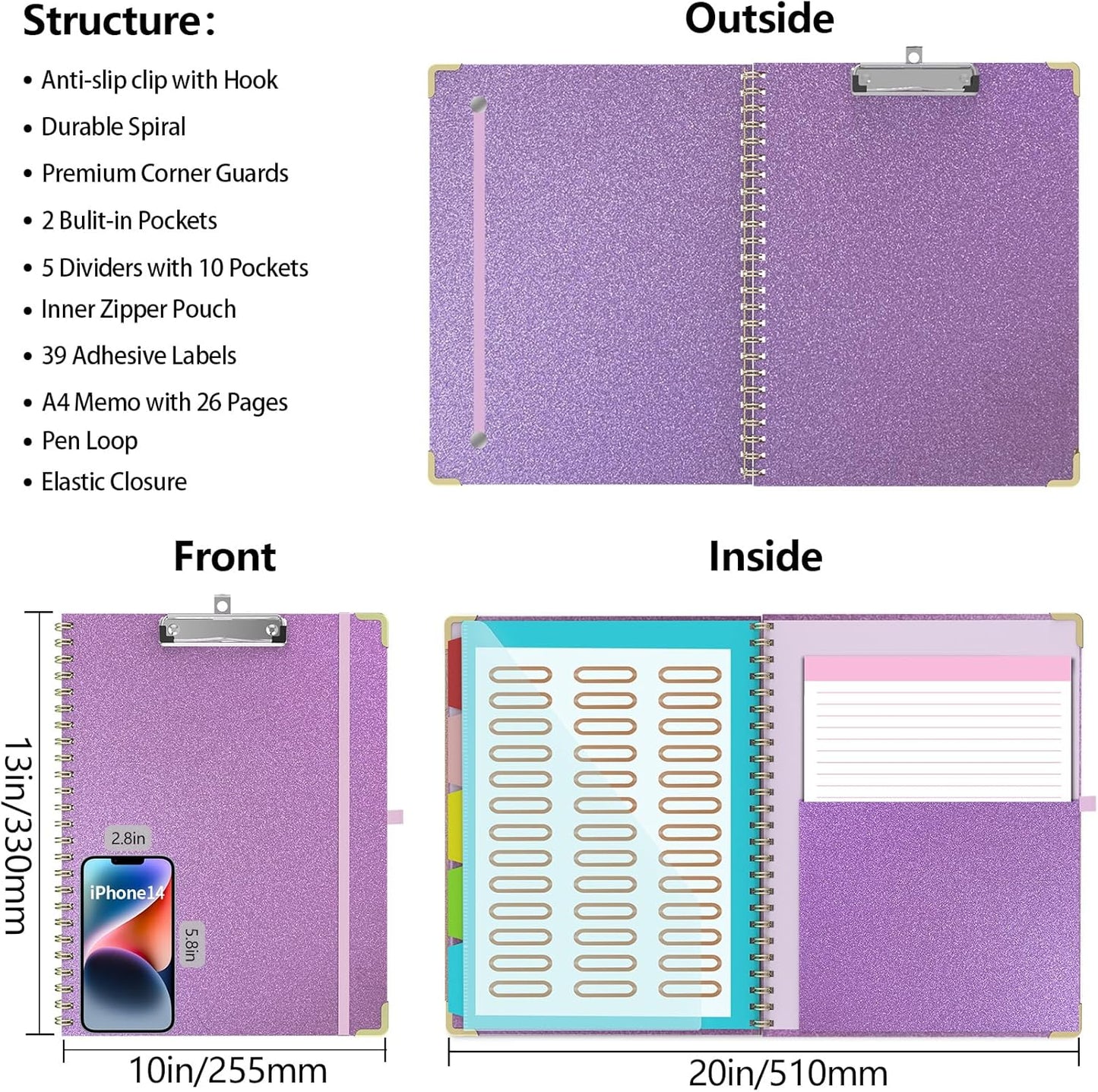 Clipboard Folio with Storage Clipboards Padfolio Notebook for Letter Size (11" x 8.5"), Pink Clipboards with 10 Pockets and 5 Folders Nursing Teacher School Essentials (Stay Positive)