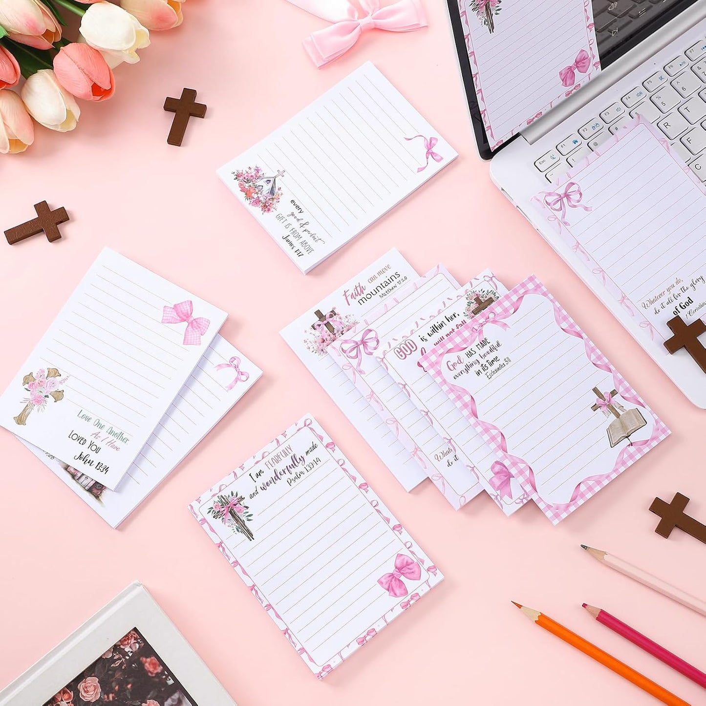 Gersoniel 8 Pack Christian Sticky Notes Gifts for Mothers Day Bulk for Church Small Scripture Inspirational Memo Pads Floral Adhesive Religious Bible Verse Quotes Notepads, 4 x 5.5 Inch(Simple Style)