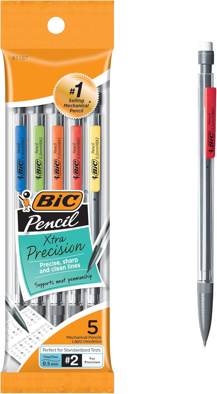 BIC Xtra-Precision Mechanical Pencils with Erasers, Fine Point (0.5mm), 5-Count Pack Mechanical Drafting Pencil Set