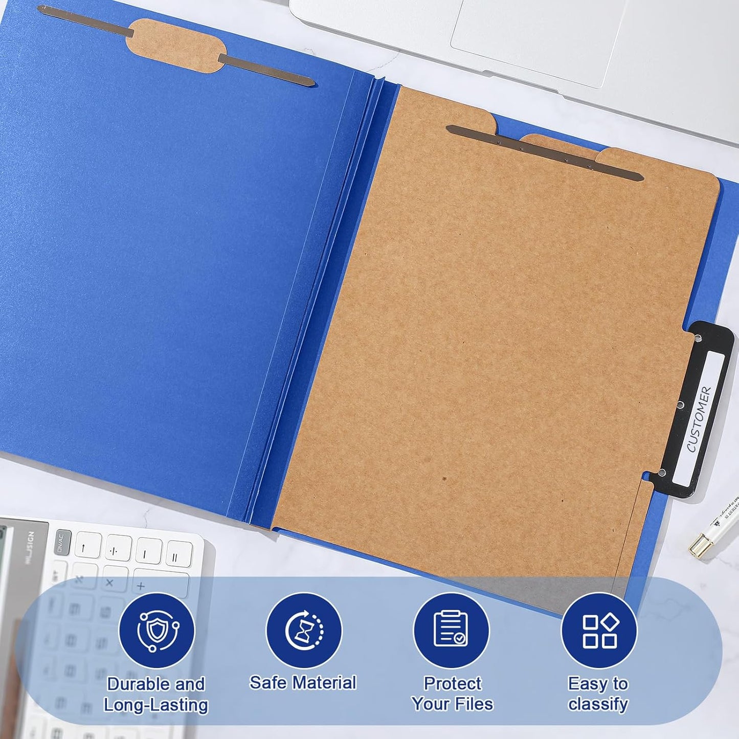 Henoyso 12 Pcs Letter Size Classification Folders 2 Divider, 1/3-cut Metal Tab, File Folder with 3'' Expansion, 2 Prong Fastener, 60 Labels, Heavy Duty File Folder for Office School Medical