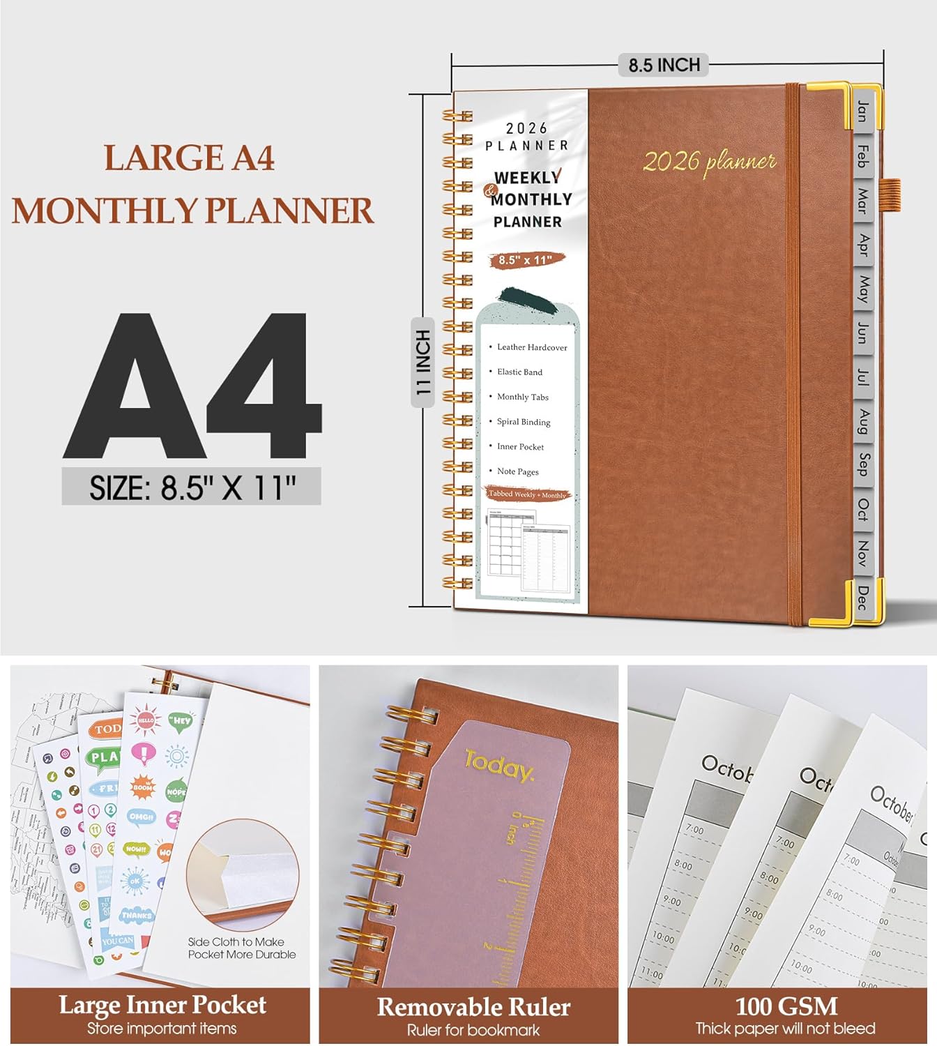 2026 Planner, Weekly and Monthly Calendar Planner from January 2026 - December 2026, 8.5" x 11" Hardcover Leather Hourly Appointment Book with Tabs, Spiral Daily Planners for School Work Home, Green