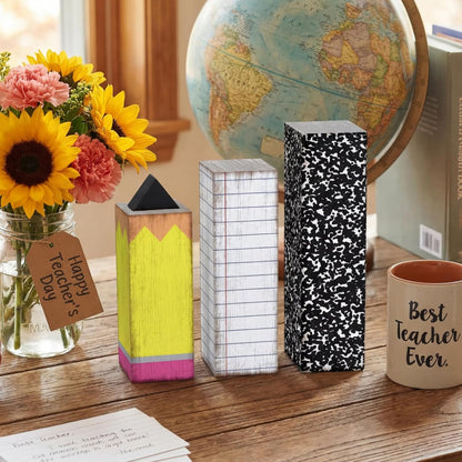 GlikCeil 3 Pcs Teacher Appreciation Week Table Decorations Wooden Classroom Decor Wood Pencil Notebook Paper Tiered Tray Decor for Teacher Desk, Back to School Party, Classroom Shelf