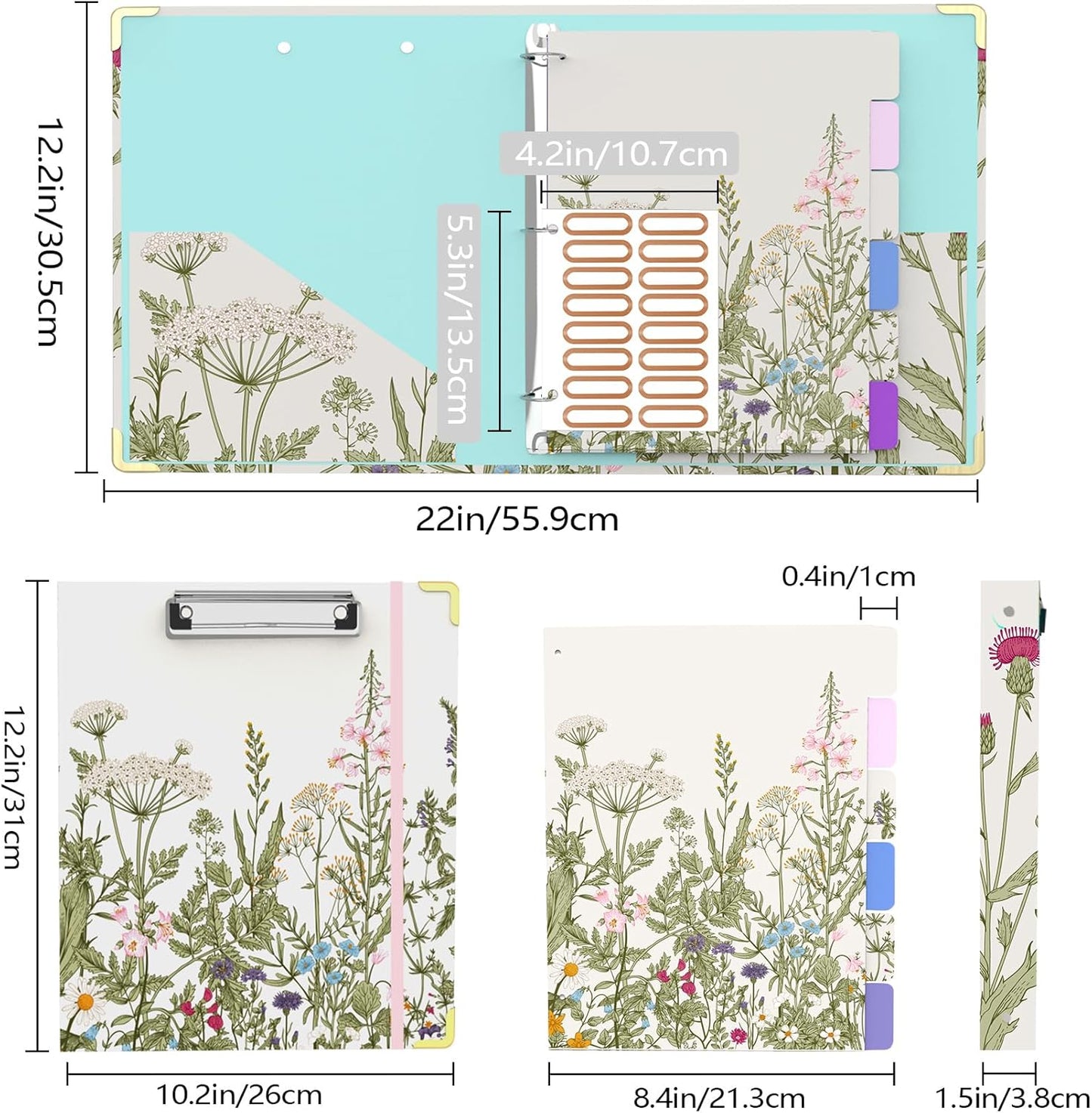 3 Ring Binder 2 Inch Round Ring Binder with 6 Tab Dividers，2 Interior Pockets，Cute Binder Clipboard with Storage, for School Office, Portfolio(Almond Tree)