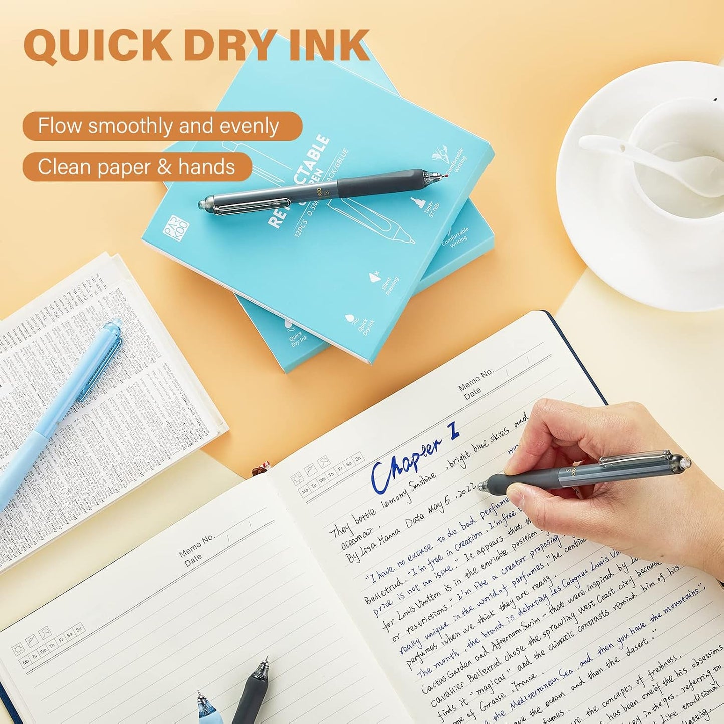 ParKoo Gel Pens Quick Dry Ink Fine Point 0.5mm, Retractable Rolling Ball 6 Black/6 Blue Ink Pen, Click Silent Pens Set for Journaling Notetaking Drawing Sketching Smooth Writing Non Bleed 12pcs