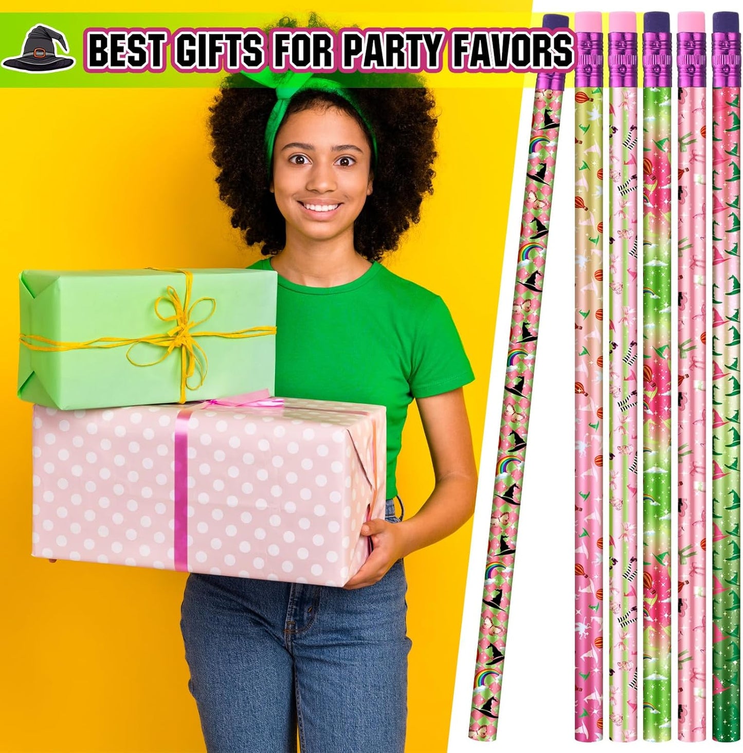 Fullhawl 120 Pcs Witch Party Favor Pencil Bulk Pink and Green Pencil Gift Witch Party Favors for Office School for Pink and Green Movie Supplies