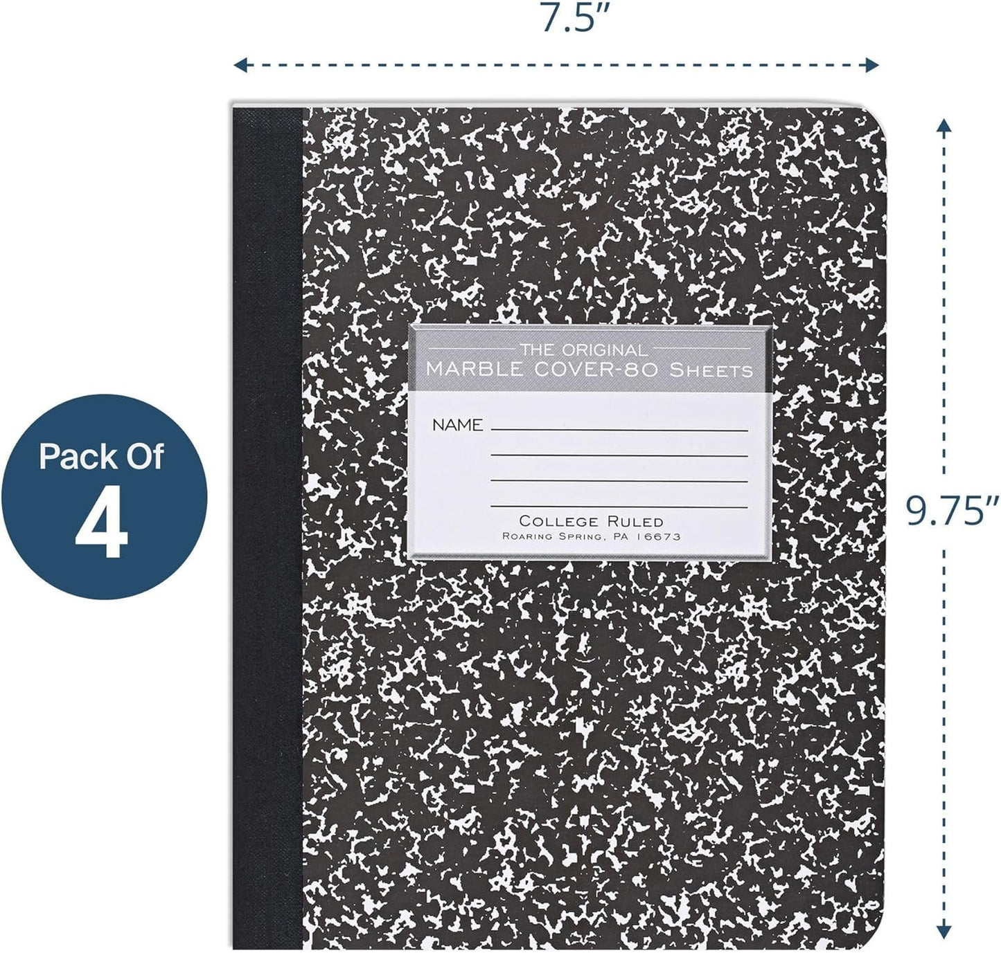 Roaring Spring Hard Cover Composition Notebook, 4 Pack, Assorted Colors Marble Comp Book, 9.75″ x 7.5″, Wide-Ruled with Margin, 100 Sheets (200 Pages)