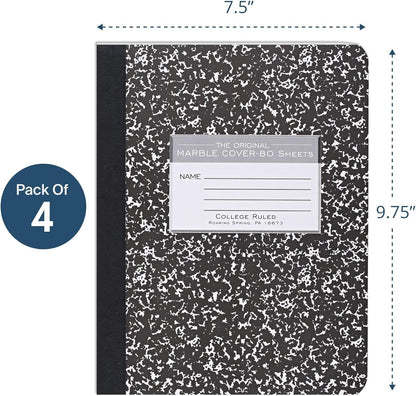 Roaring Spring Hard Cover Composition Notebook, 4 Pack, Assorted Colors Marble Comp Book, 9.75″ x 7.5″, Wide-Ruled with Margin, 100 Sheets (200 Pages)