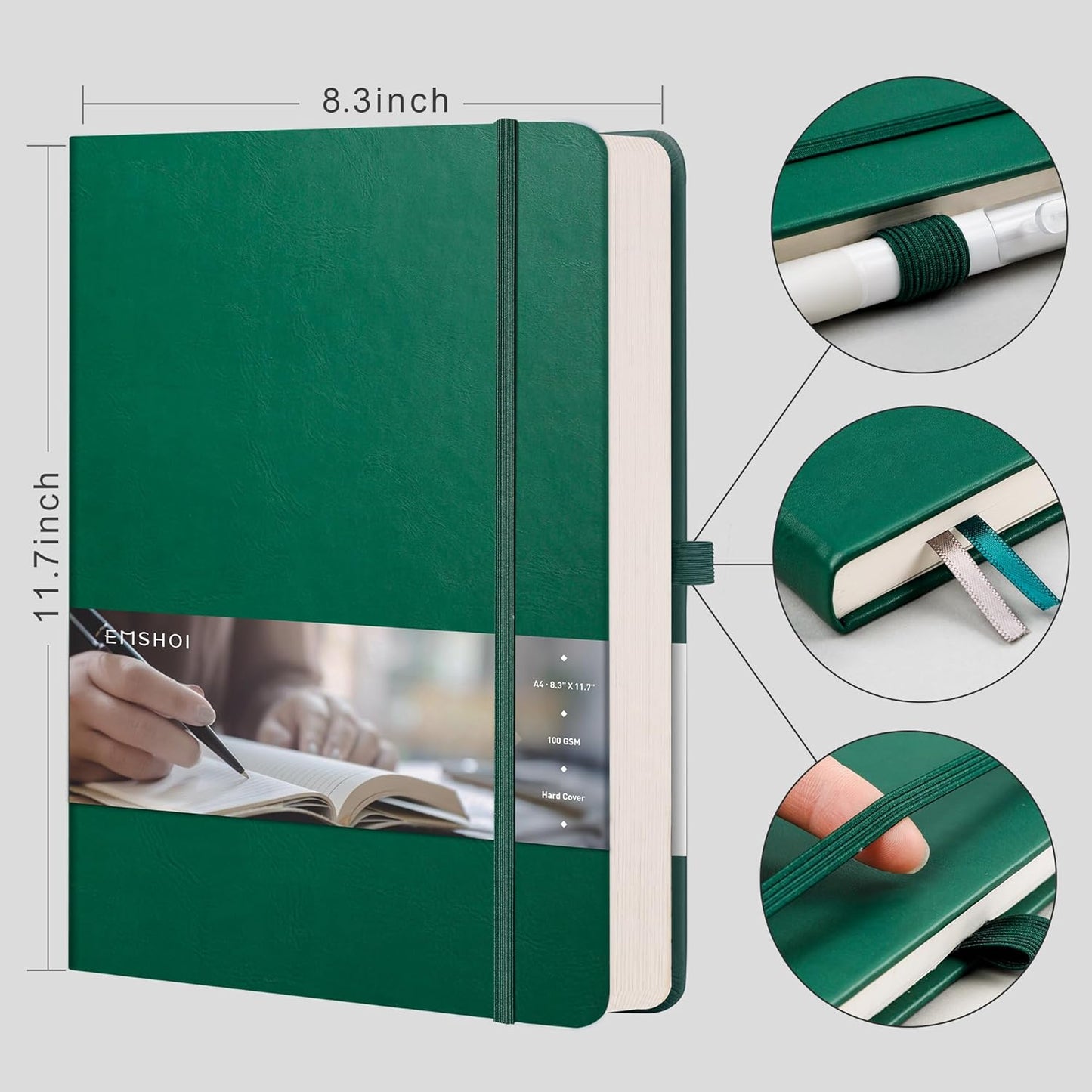 EMSHOI A4 College Ruled Notebook, Large 8.3" x 11.7", 192 Pages 100GSM Ink-Proof Faux Leather Hardcover Lay-Flat Lined Journal for Office School Work Writing, Black