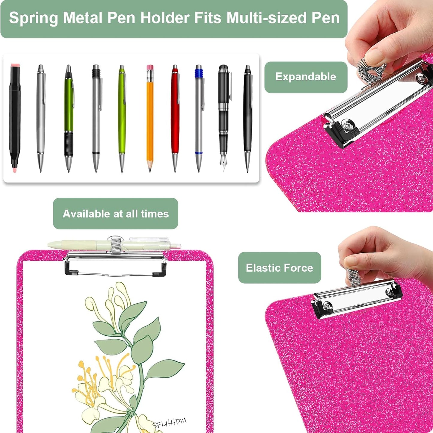 SFLHHDM 1 Pcs Clear Glitter Clipboards, Plastic Clipboard with Pen Holder, Size 8.85 x 12.4 in Shiny Clipboards with Low Profile Clip, Cute Hanging Clipboard for Office School Sparkly Clip Board-Pink