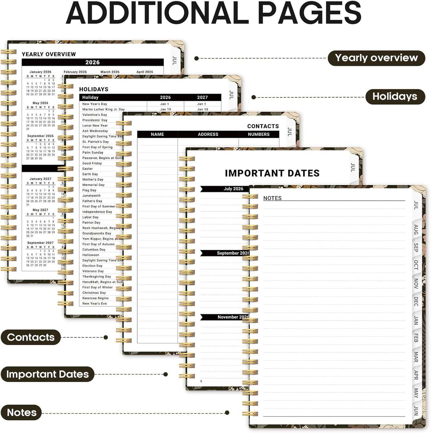 Planner 2026-2027, Academic Year Monthly and Weekly Calendar Planner, Jul 2026 - Jun 2027, Hardcover Teacher Student Planning Agenda book with Tabs, Perfect for School Office Supplies, 6.3" x 8.5" - Wildflowers