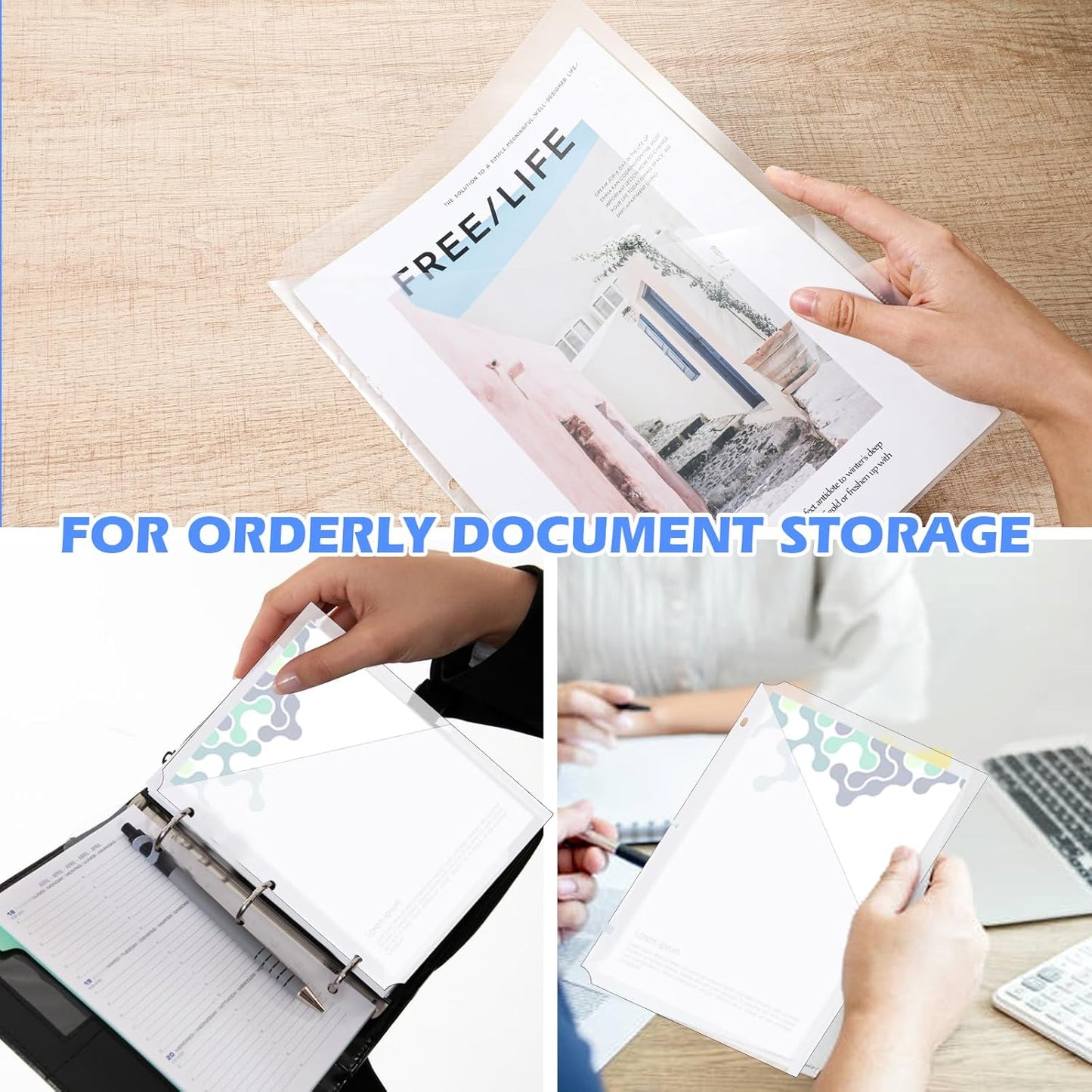 48 Pcs Binder Pockets for 3 Ring Binder Clear Plastic Folders Sleeves 3 Hole Punch Document Dividers Poly Slash File Jacket Organizer with Pockets for Office Home School, Clear