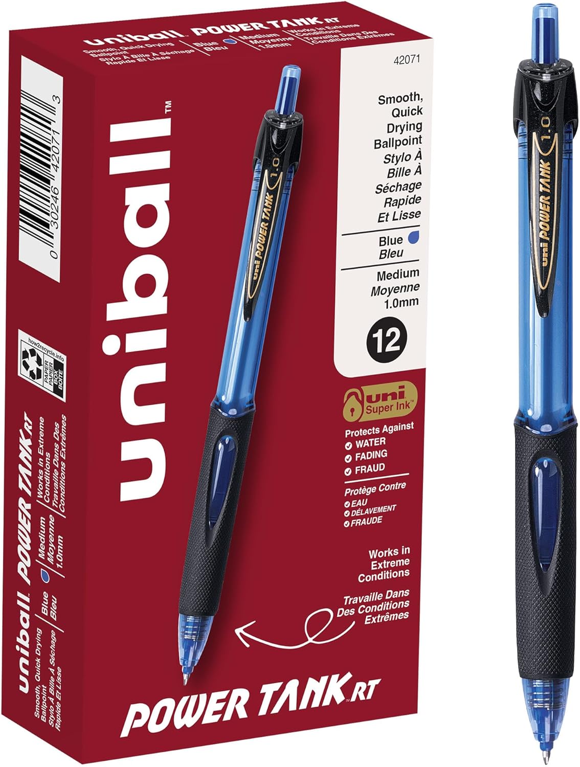 uniball Power Tank RT Ballpoint Pens, Medium Point (1.0mm), Black, 12 Pack