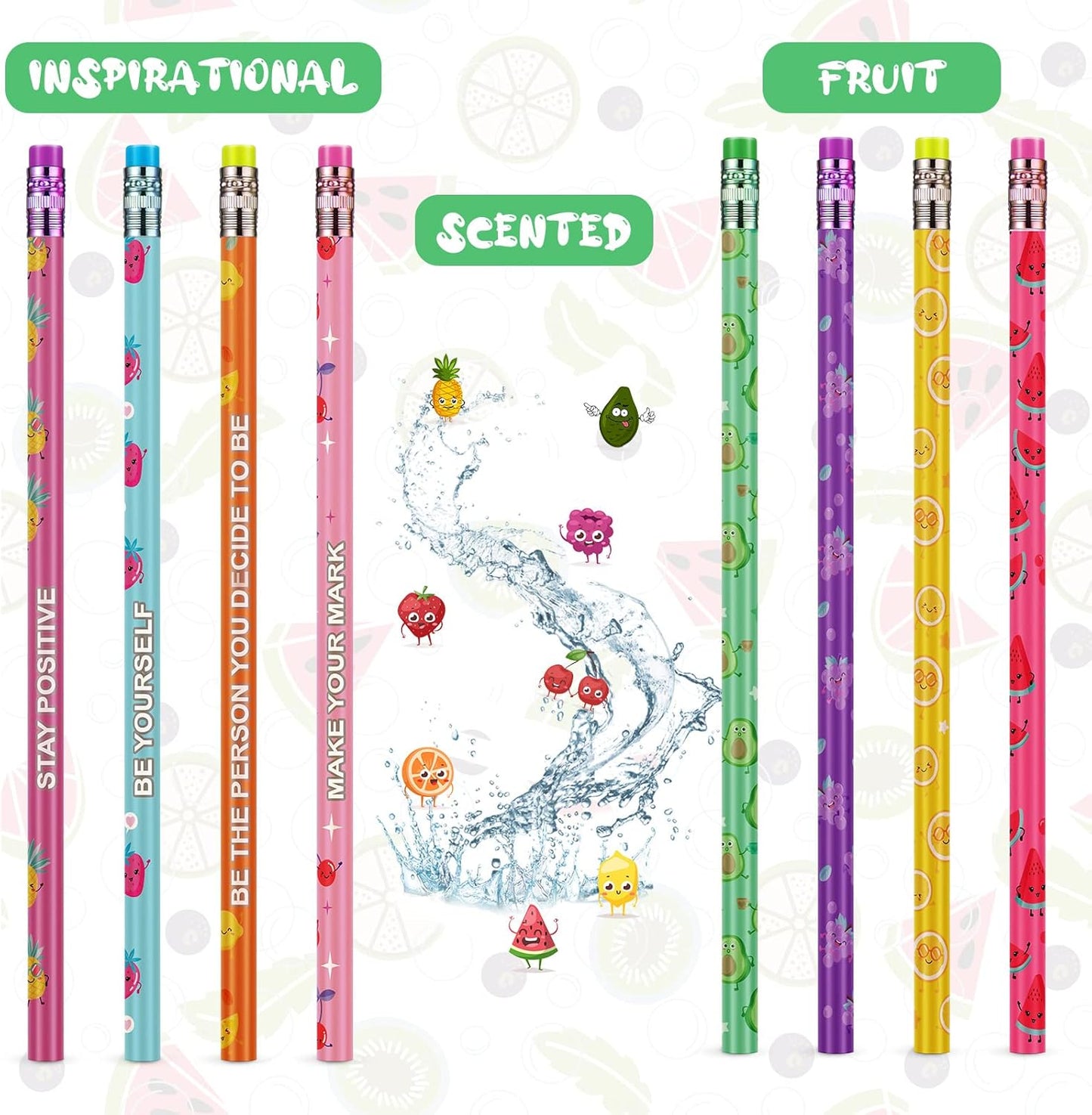 Leinuosen 48 Pcs Scented Pencils for Kids Cute Motivational Colorful Fun Wood HB Pencils Bulk with Erasers Fruit Elements for School Office Classroom Student