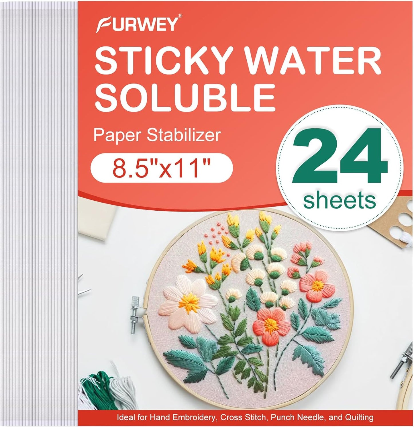 FURWEY 12PCS 8.5"x11" Wash Away Embroidery Stabilizer – Self Adhesive & Printable, Water Soluble Paper for Hand and Machine Use