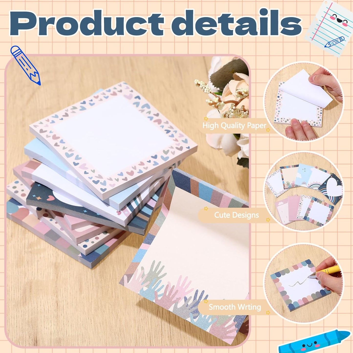 9 Pads Wildflower Sticky Notes 3x3 Inch Cute Self Stick Notepads Notes Adhesive Memo Pad Office Decor Gifts for Students School Teacher Meeting Office Supplies