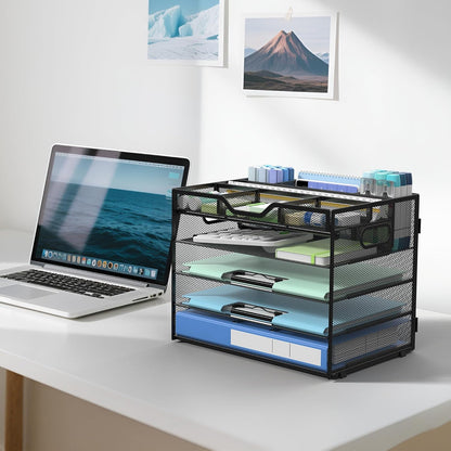 Docnest 5 Tier Letter Tray with Hanging File Organizer-Mesh Desk Organizer-Desktop Storage Box Built in Pen Holder and Handles, File Folder Holder for Mail Documents Office Supplies-Black