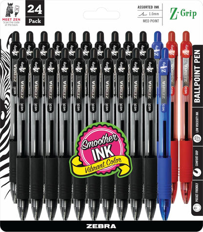Zebra Pen Z-Grip Retractable Ballpoint Pen, Medium Point, 1.0 mm, 12 Black & 12 Blue Pack of 24