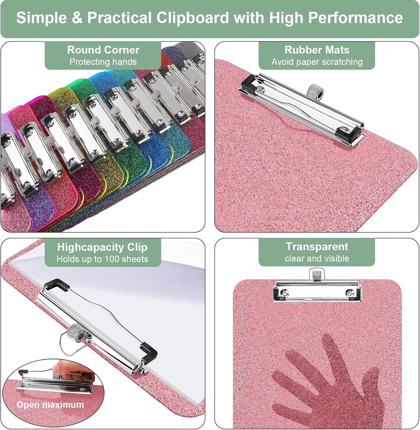 SFLHHDM 1 Pcs Clear Glitter Clipboards, Plastic Clipboard with Pen Holder, Size 8.85 x 12.4 in Shiny Clipboards with Low Profile Clip, Cute Hanging Clipboard for Office School Sparkly Clip Board-Pink