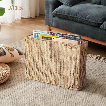 AELS Woven Natural Fibre Magazine Holder, Scalloped Edge Floor Magazine Rack, Hand-woven Organizer, Boho Modern Farmhouse Book Basket, File Newspaper Mail Holder for Office