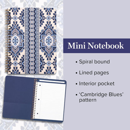 Vera Bradley Mini Spiral Notebook, College Ruled Paper, 8.25" x 6.25" with Pocket and 160 Lined Pages (Cambridge Blues)
