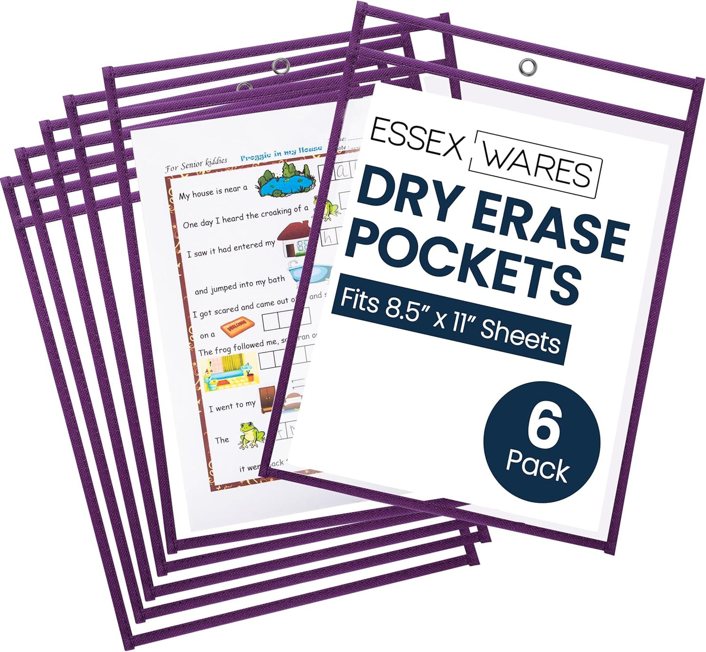 Essex Wares - 6 Pack, Assorted, Dry Erase Pocket Document Protectors, 10" Wide x 13.5" Tall- Dry Erase Clear Plastic Sleeves - Reusable & Easy Erase Plastic Invoice Holders, Water-Resistant & Durable