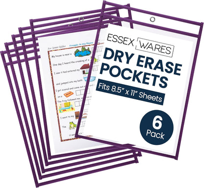 Essex Wares - 6 Pack, Assorted, Dry Erase Pocket Document Protectors, 10" Wide x 13.5" Tall- Dry Erase Clear Plastic Sleeves - Reusable & Easy Erase Plastic Invoice Holders, Water-Resistant & Durable