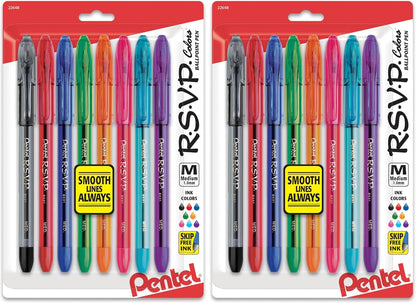 Pentel RSVP Ballpoint Pen, (1.0mm), Medium Line, Assorted Ink, Pack of 8 (BK91CRBP8M)