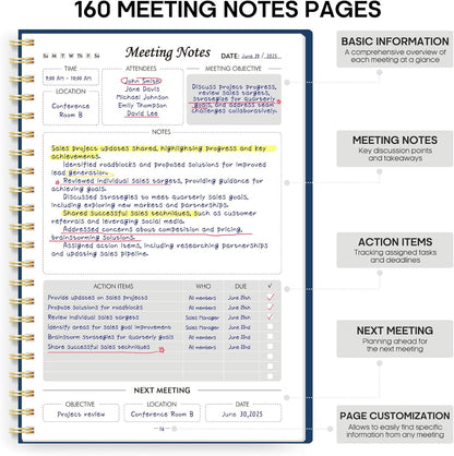 Taja Meeting Notebook for Work Organization - Work Planner Notebook with Action Items, Agenda Planner for Note Taking, 160 Pages (6.9" X 9.9") Project Organizer for Men & Women - Blue
