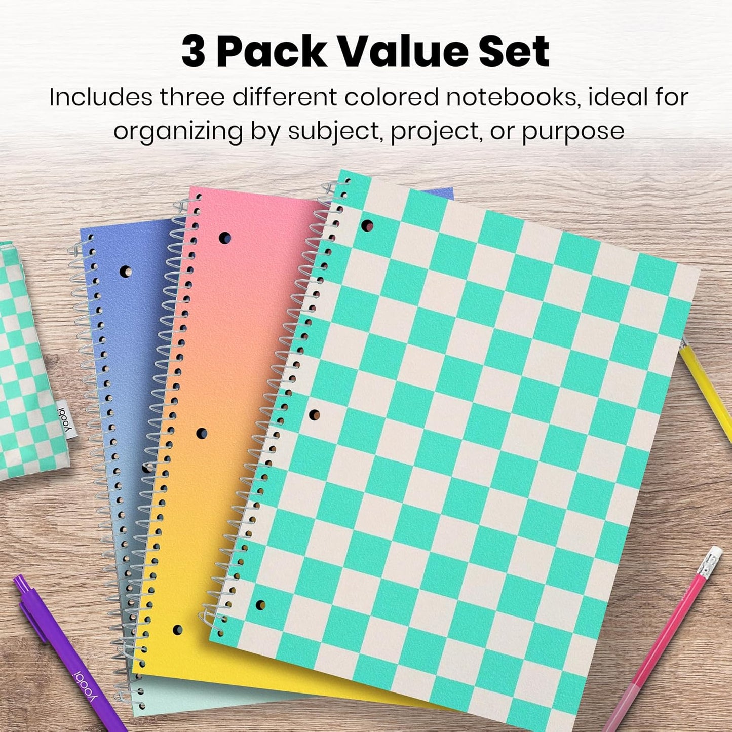 Yoobi College Ruled 8 x 10.5” Spiral Notebook Set – 3-Pack of 1 Subject Notebooks, Pink, Purple & Black Celestial Patterns – 150 Perforated 3-Hole Punched Sheets