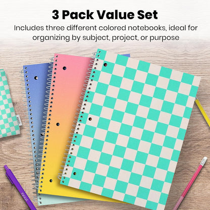 Yoobi College Ruled 8 x 10.5” Spiral Notebook Set – 3-Pack of 1 Subject Notebooks, Pink, Purple & Black Celestial Patterns – 150 Perforated 3-Hole Punched Sheets