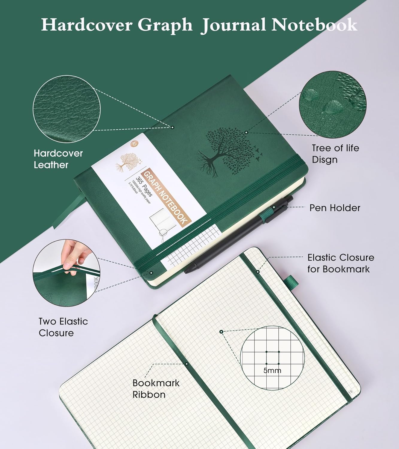 Lined Journal Notebook -365 Pages A5 Thick Journals for Writing Ruled Notebook, Hardcover Leather Journal for Women Men Daily Journal Notebook for Work, Note Taking, 100Gsm Lined Paper( 5.75'' X 8.38'' Green)