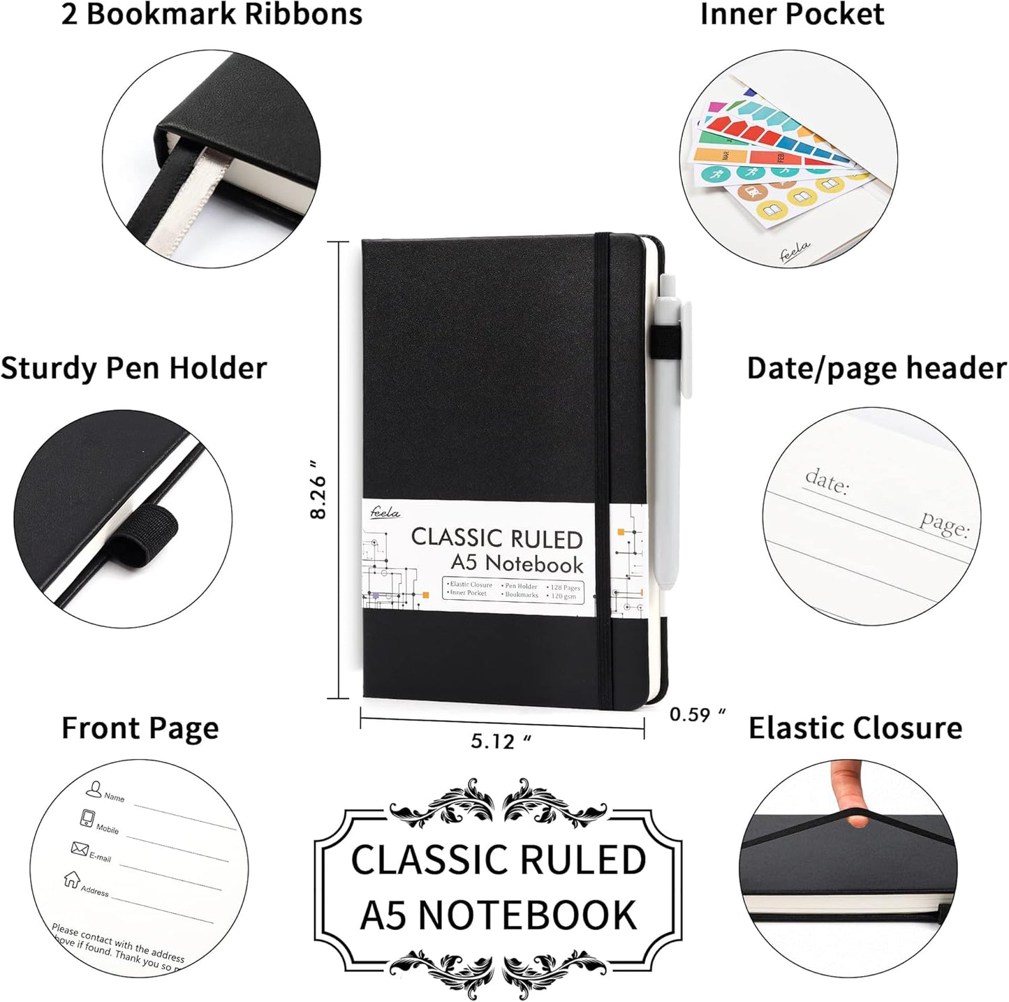 feela College Ruled Notebooks, 24 Pack Business Notebook Hardcover Lined Writing Journal with Pen Holder for Men Women Note Taking, with 24 Black Pens, 120 GSM, 5.1”x8.3”, A5, White