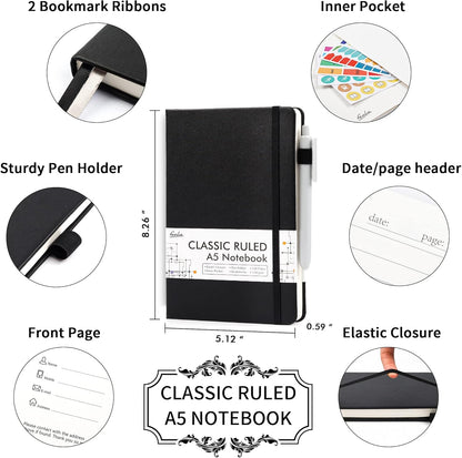 feela College Ruled Notebooks, 24 Pack Business Notebook Hardcover Lined Writing Journal with Pen Holder for Men Women Note Taking, with 24 Black Pens, 120 GSM, 5.1”x8.3”, A5, White