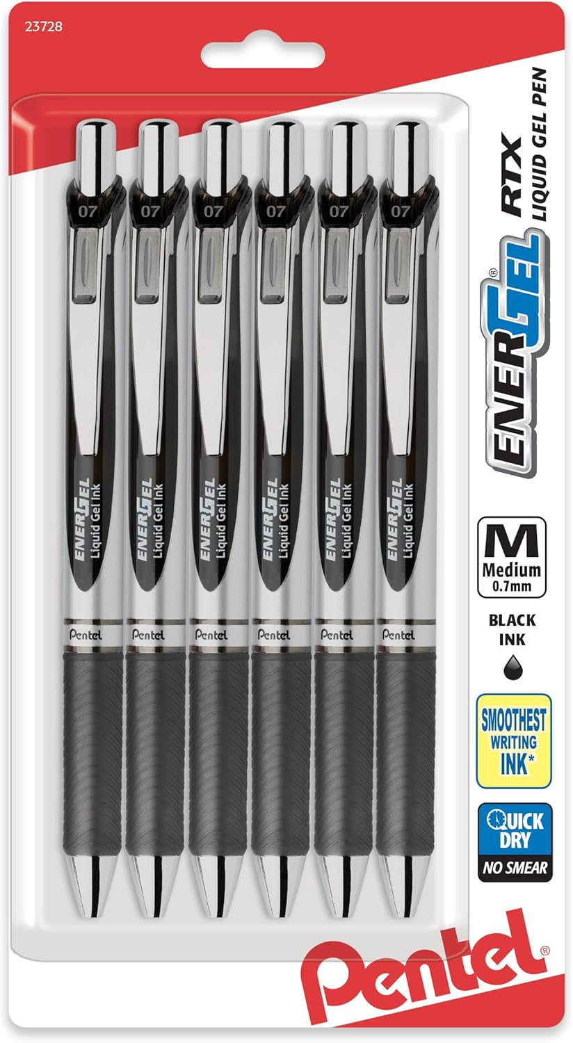 Pentel EnerGel RTX Retractable Liquid Gel Pen, (0.7mm), Medium Line, Metal Tip, Black Ink, Pack of 6 (BL77BP6A)