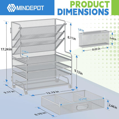 MINDEPOT 4-Tier Paper Organizer + 3-Pocket File Holder + Drawer + Pen Holders, Desktop File Organizers Paper Tray for Office Supplies School Classroom Organization (Black, No Drawer & Pen Holder)
