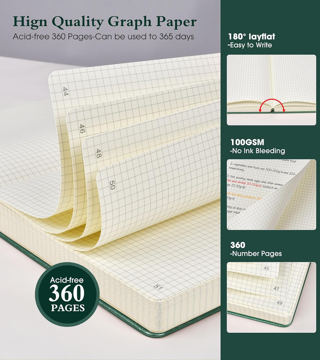 Lined Journal Notebook -365 Pages A5 Thick Journals for Writing Ruled Notebook, Hardcover Leather Journal for Women Men Daily Journal Notebook for Work, Note Taking, 100Gsm Lined Paper( 5.75'' X 8.38'' Green)