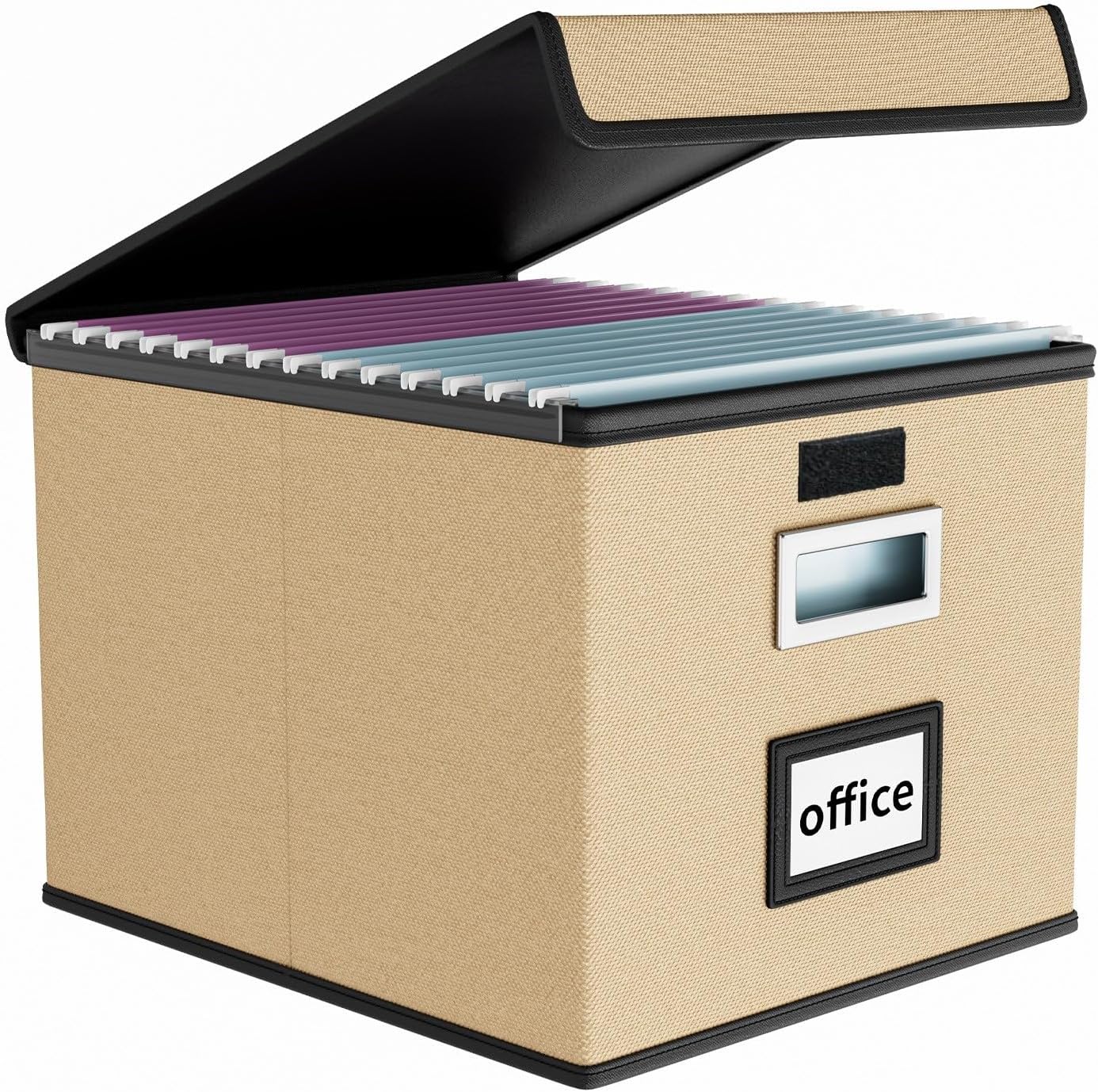 Huolewa Upgraded Portable File Organizer Box with Lid, Collapsible Linen Hanging Filing Storage Boxes with Plastic Slides, Decorative Home/Office Filing System Box for File and Folders Storage (Gray)