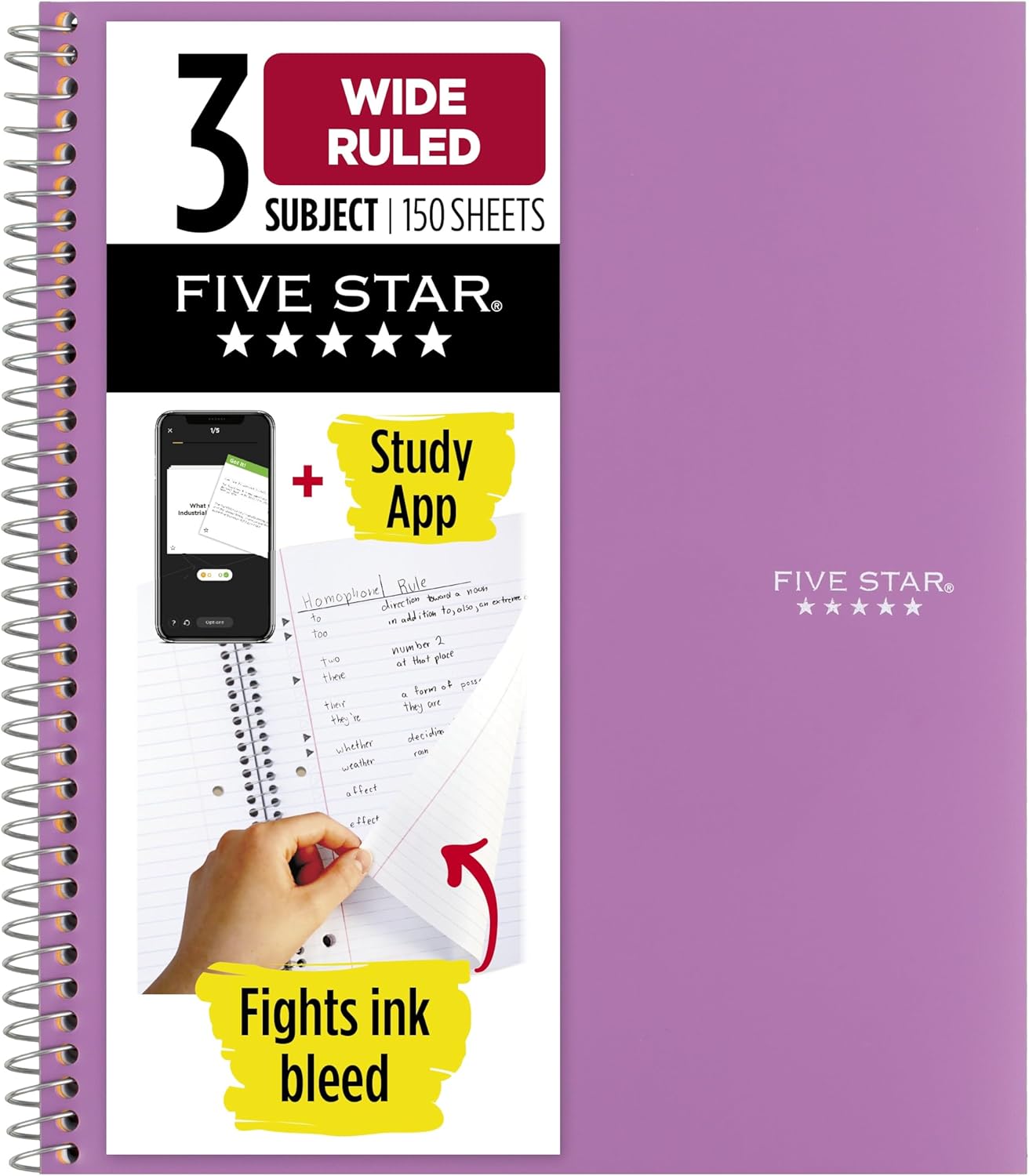Five Star Spiral Notebook + Study App, 3 Subject, Wide Ruled Paper, 8" x 10-1/2", 150 Sheets, Fights Ink Bleed, Water Resistant Cover, Harvest Yellow (73463)