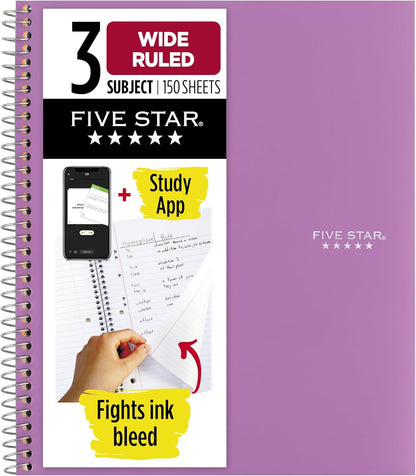 Five Star Spiral Notebook + Study App, 3 Subject, Wide Ruled Paper, 8" x 10-1/2", 150 Sheets, Fights Ink Bleed, Water Resistant Cover, Harvest Yellow (73463)