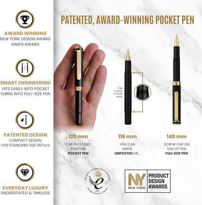 Scriveiner Black Rollerball EDC Luxury Pen, Stunning Pocket Pen with Chrome Finish, Cool Writing, Best Gift for Men & Women, German Schmidt Refill, Nice Present, Fancy Office Designer Set