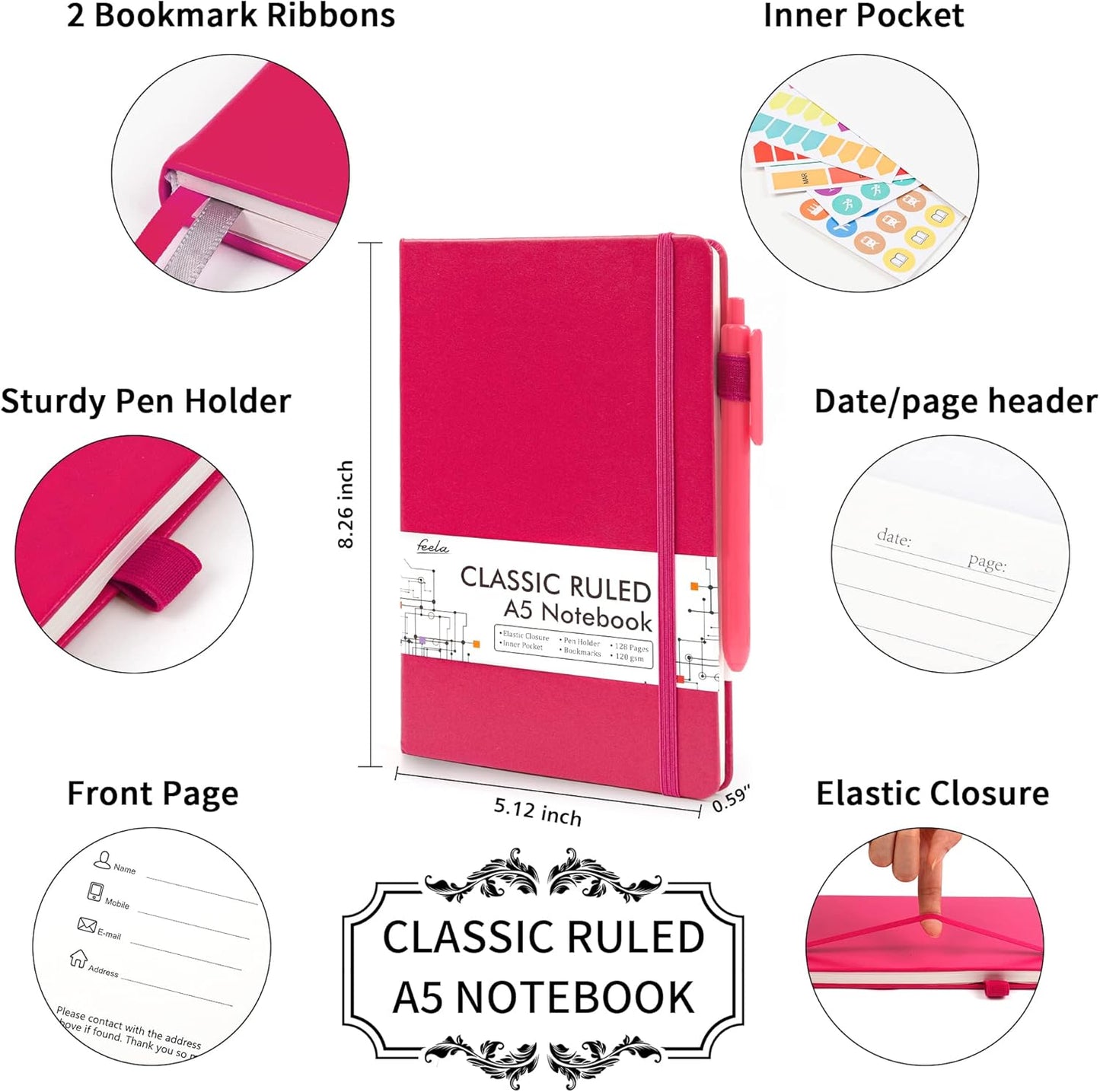 feela College Ruled Notebooks, 24 Pack Business Notebook Hardcover Lined Writing Journal with Pen Holder for Men Women Note Taking, with 24 Black Pens, 120 GSM, 5.1”x8.3”, A5, White